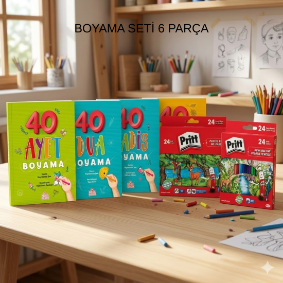 Yeni Nesil Yayınevi 40 Ayet Dua Hadis Salavat Boyama Seti (4 Kitap)24'lü Pritt Pastel ve Kuru Boya Hediyeli