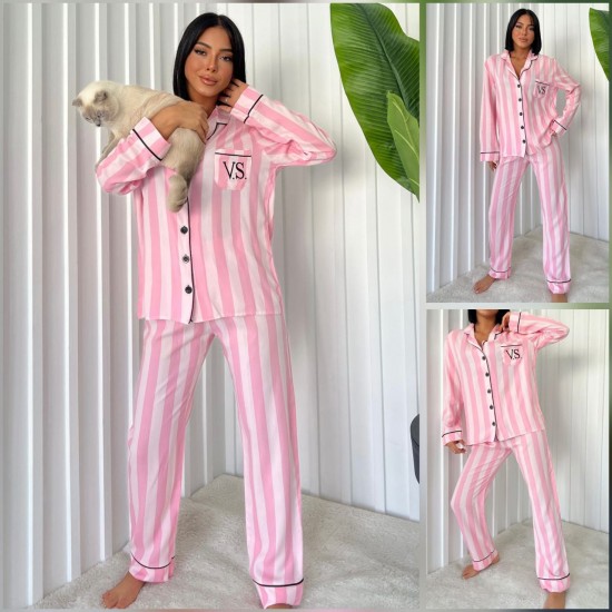 Çizgili Pembe Beyaz Pamuk Gömlek Yaka Uzun Kol Pijama Takımı