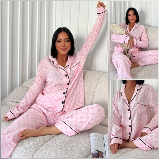 Çizgili Pembe Beyaz Pamuk Gömlek Yaka Uzun Kol Pijama Takımı