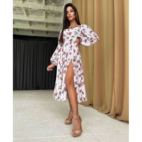 Krep Kumaş Yırtmaç Detaylı Uzun Kollu Çiçekli Midi Elbise