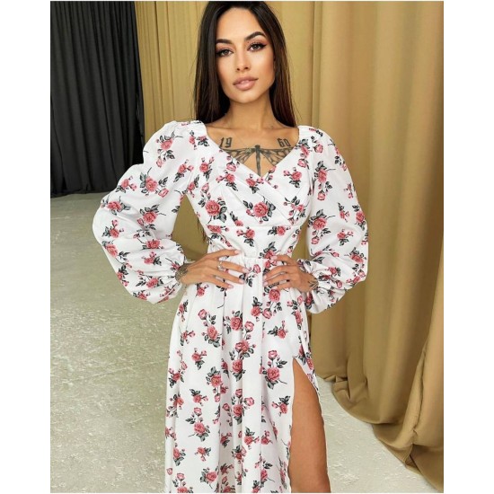 Krep Kumaş Yırtmaç Detaylı Uzun Kollu Çiçekli Midi Elbise